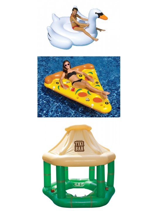 Swimming Pool Inflatables Party Pack Swan Float + Pizza Raft + Tiki Bar