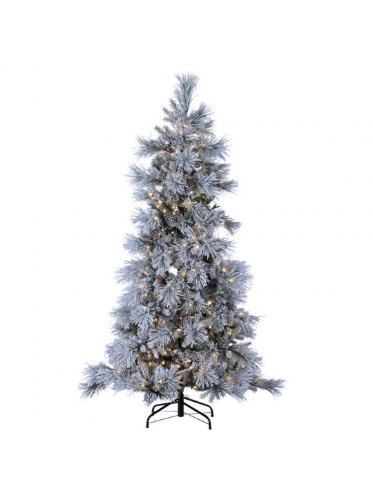 7 ft. Indoor Pre-Lit LED Lightly Flocked Snowbell Pine Artificial Christmas Tree 450 UL Cool White LED Twinkling Lights