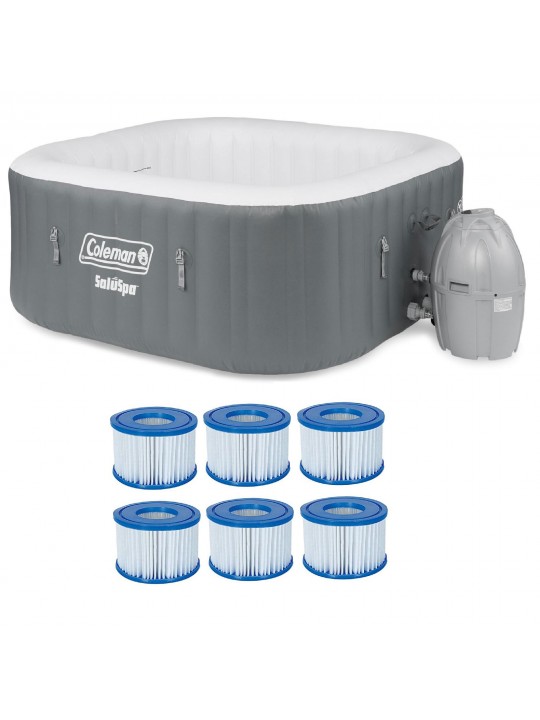 SaluSpa 4 Person Square Portable Inflatable Hot Tub & 6-pack of Filters