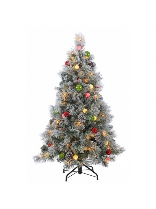 4.5 ft. Pre-Lit Flocked Hard Needle Pine Artificial Christmas Tree with Ornaments