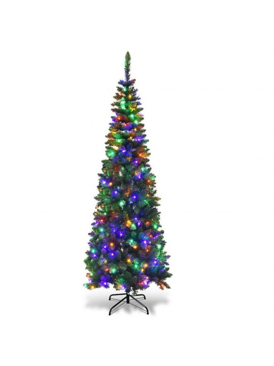 6.5 ft. Green Pre-Lit LED Pencil Artificial Christmas Tree with 250 Multi-Color Lights and Metal Stand