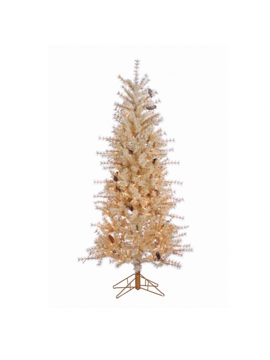 6 ft. Indoor Pre-Lit Frosted Buttercream Hard Needle Slim Artificial Christmas Tree with 300 Clear Lights and Pinecones