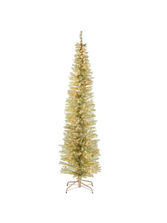 7 ft. Champagne Gold Tinsel Tree with Metal Stand and 210 Clear Lights