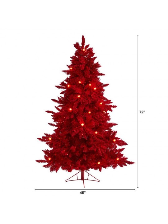 6 ft. Red Pre-Lit Flocked Fraser Fir Artificial Christmas Tree with 350 Red Lights, 33 Globe Bulbs
