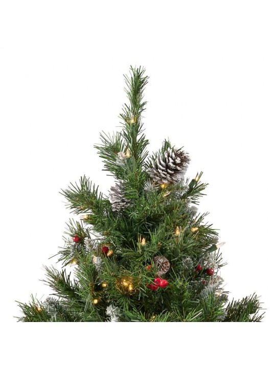 7 ft. Green Pre-Lit LED Mixed Spruce Artificial Christmas Tree with 450 White Lights and Red Berries, Frosted Pine Cones