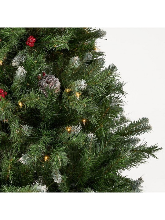7 ft. Green Pre-Lit LED Mixed Spruce Artificial Christmas Tree with 450 White Lights and Red Berries, Frosted Pine Cones