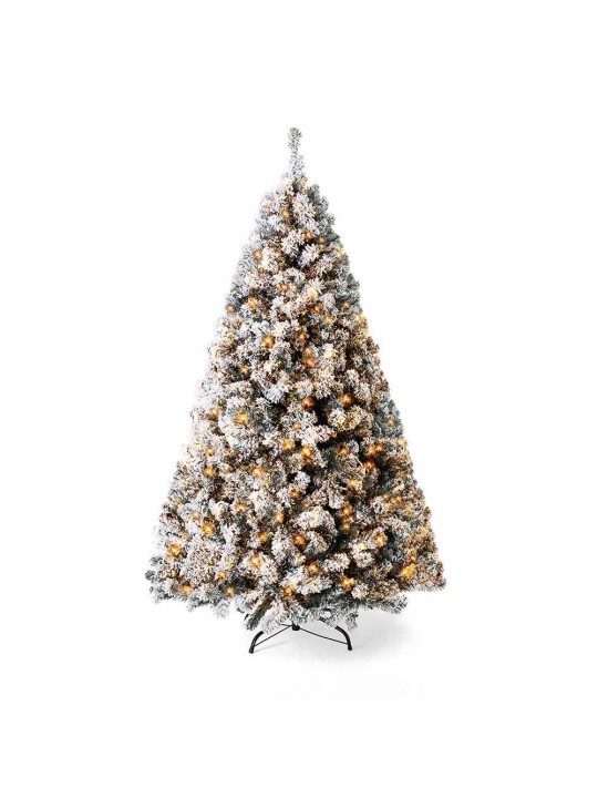 7.5 ft. Pre-Lit Snow Flocked Christmas Artificial Pine Tree Holiday Decor with LED Lights