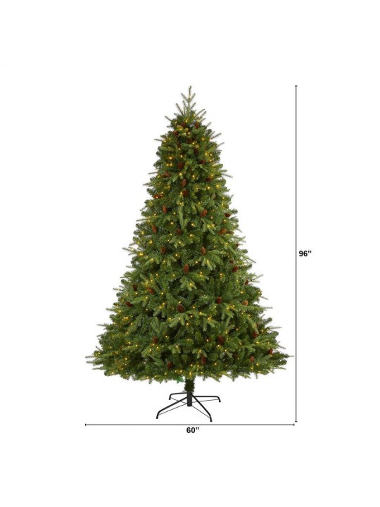 8 ft. Pre-Lit Wellington Spruce  Natural Look  Artificial Christmas Tree with 550 Clear LED Lights and Pine Cones