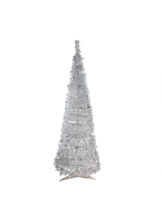 6 ft. Pre-Lit Silver Tinsel Pop-Up Artificial Christmas Tree with Clear Lights
