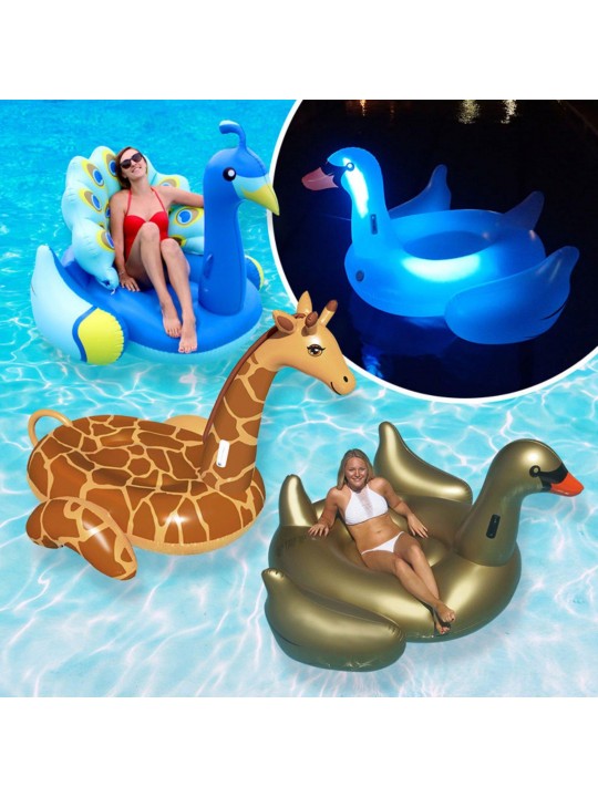 Animal Kingdom Extra Large Swimming Pool Floats Combo Value Pack: Light-Up Swan, Peacock, Goose, and Giraffe