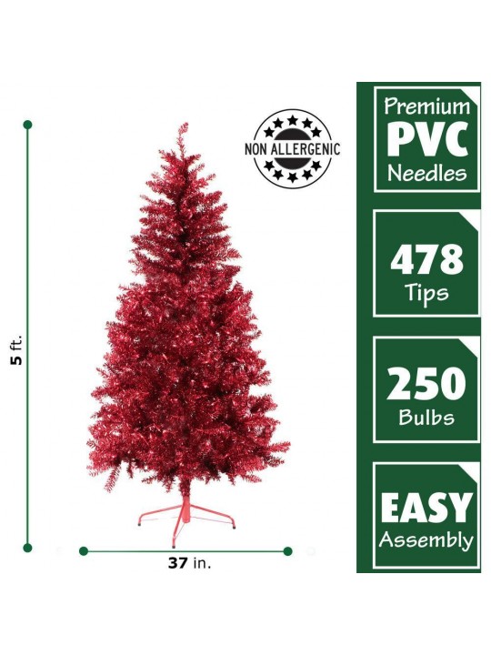 5 ft. Festive Red Tinsel Christmas Tree with Clear Lighting