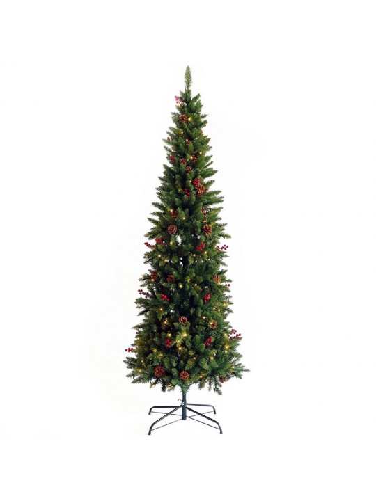 7.5 ft. Pre-Llit Slim Artificial Christmas Tree with Cones and Berries, Foldable Metal Stand