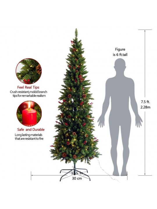 7.5 ft. Pre-Llit Slim Artificial Christmas Tree with Cones and Berries, Foldable Metal Stand