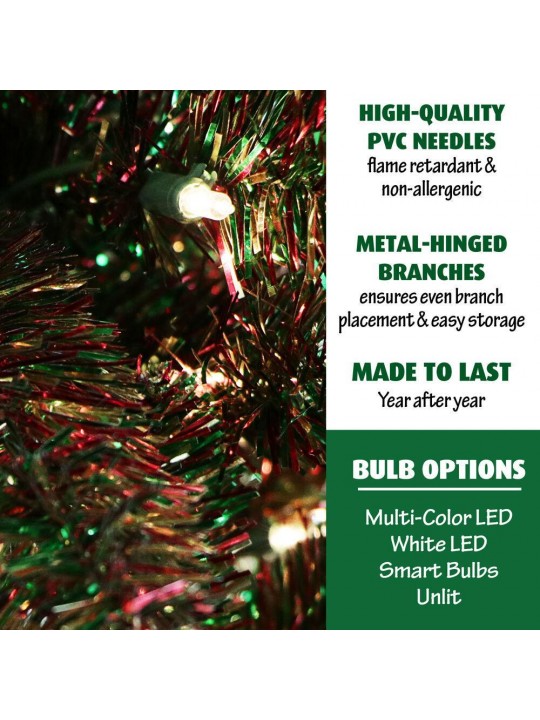 7 ft. LED Festive Red/Green/Gold Tinsel Christmas Tree with Clear Lighting