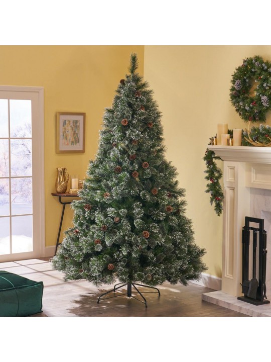 9 ft. Unlit Cashmere and Mixed Spruce Artificial Christmas Tree with Snowy Branches and Pinecones