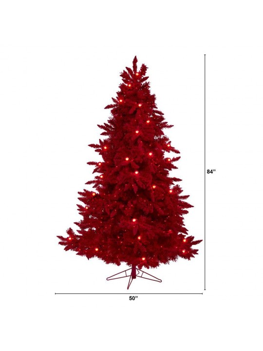 7 ft. Red Pre-Lit Flocked Fraser Fir Artificial Christmas Tree with 500 Red Lights, 40 Globe Bulbs