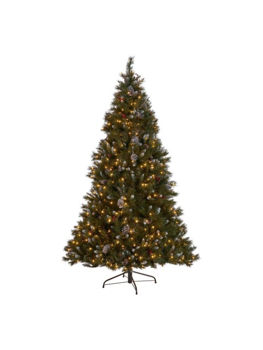 7 ft. Pre-Lit Mixed Spruce Hinged Artificial Christmas Tree with Clear Lights, Frosted Branches, Berries and Pinecones