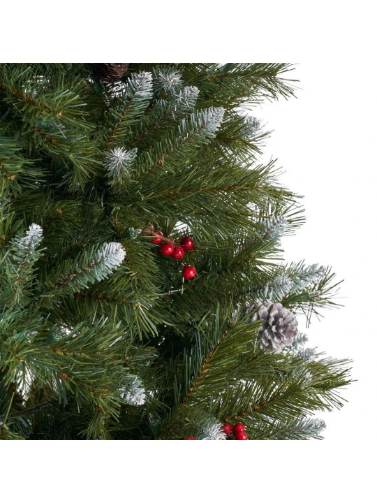 7 ft. Pre-Lit Mixed Spruce Hinged Artificial Christmas Tree with Clear Lights, Frosted Branches, Berries and Pinecones