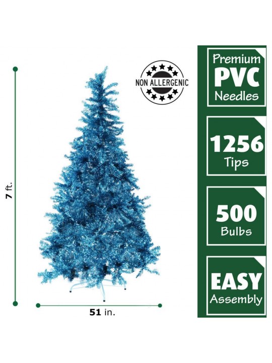 7 ft. LED Festive Turquoise Tinsel Christmas Tree with Clear Lighting