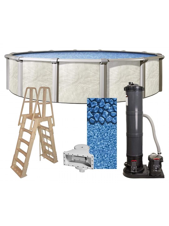 24-Foot-by-52-Inch Fallston Round Above-Ground Swimming Pool Bundle Kit | Boulder Swirl Pattern Overlap Liner | A-Frame Ladder | PRC90 Filter Tank | 1-HP Pump | Wide-Mouth Skimmer
