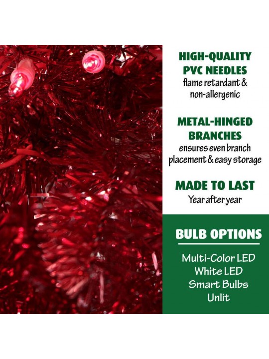 7 ft. LED Festive Red Tinsel Christmas Tree with Clear Lighting