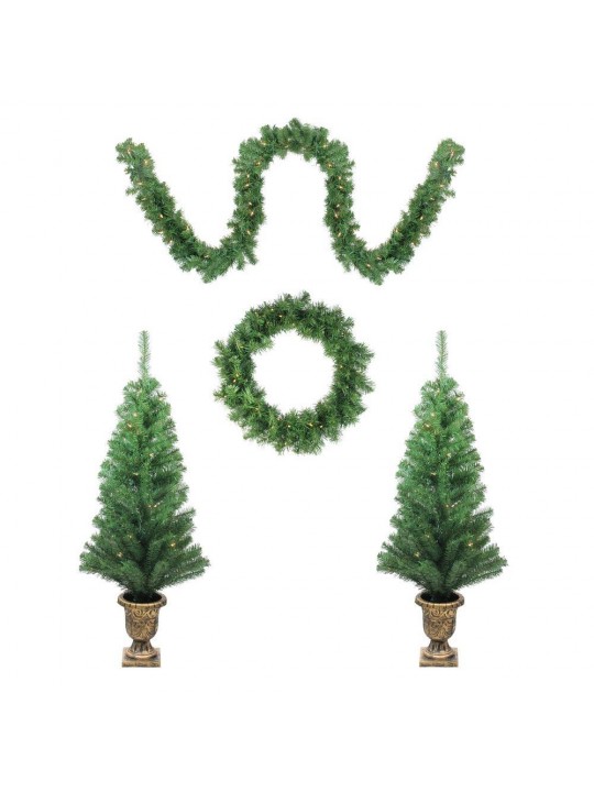 5-Piece Artificial Winter Spruce Christmas Trees Wreath and Garland Set with Clear Lights