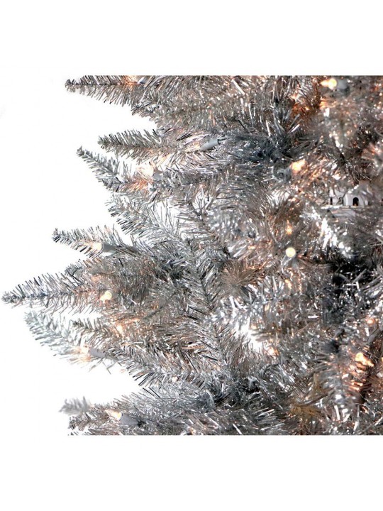 7 ft. Festive Silver Tinsel Christmas Tree with Clear LED Lighting