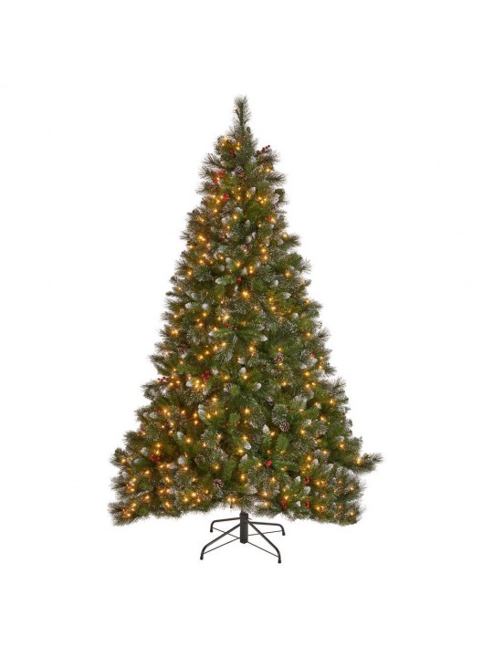 9 ft. Unlit Mixed Spruce Hinged Artificial Christmas Tree with Glitter Branches, Berries and Pinecones