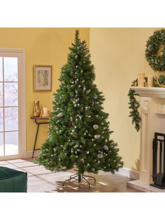 7 ft. Unlit Mixed Spruce Hinged Artificial Christmas Tree with Frosted Branches, Berries and Pinecones