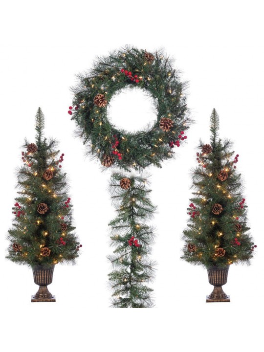 39 in. H Pre-Lit Mixed/Hard Needle Pine Potted Trees with Battery Operated Wreath and Garland (4-Piece Set)