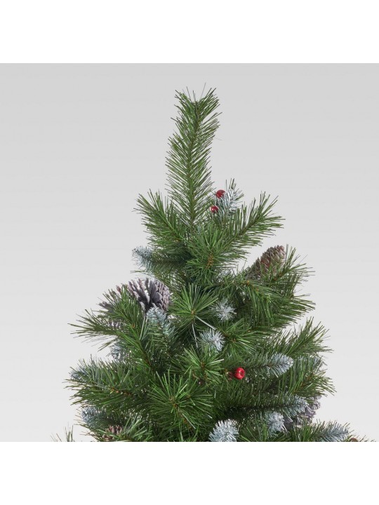 7.5 ft. Unlit Mixed Spruce Hinged Artificial Christmas Tree with Frosted Branches, Berries and Pinecones