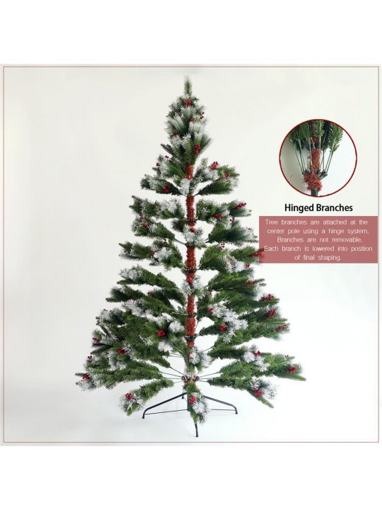 7.5 ft. Green Unlit Artificial Christmas Tree / Pine Needle Tree with Cones Red Berries and Foldable Stand