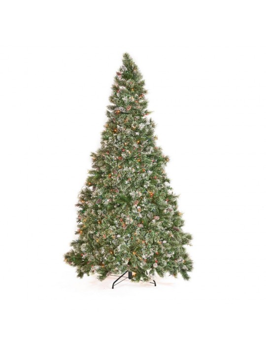 7.5 ft. Pre-Lit Mixed Spruce Hinged Artificial Christmas Tree with Multi-Colored Lights, Snow Branches and Pinecones