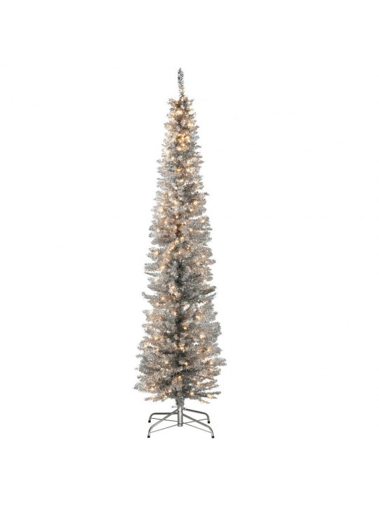7 ft. Silver Tinsel Tree with Metal Stand and 210 Clear Lights