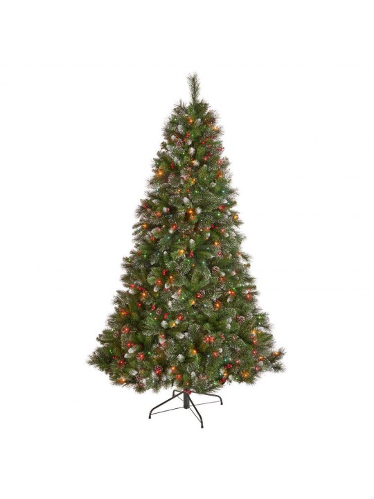 7 ft. Pre-Lit Mixed Spruce Hinged Artificial Christmas Tree with Multi-Colored Lights, Glitter Branches and Pinecones