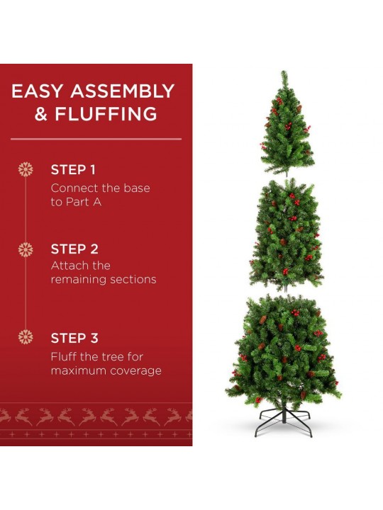 7.5ft Pre-Lit Incandescent Pencil Artificial Christmas Tree with 350 Warm White Lights, Pine Cones, Berries