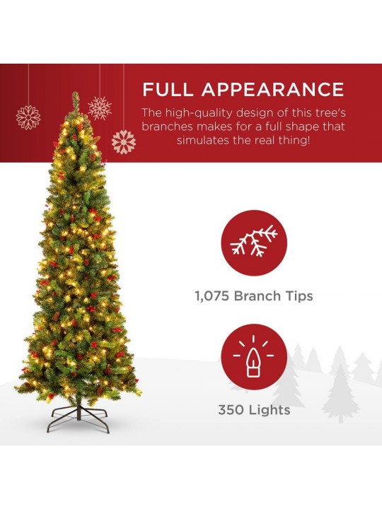 7.5ft Pre-Lit Incandescent Pencil Artificial Christmas Tree with 350 Warm White Lights, Pine Cones, Berries
