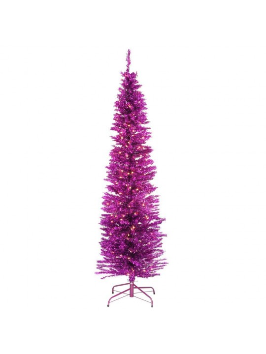 7 ft. Pink Tinsel Tree with Metal Stand and 210 Clear Lights