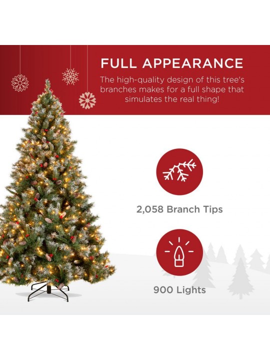 9ft. Pre-Lit Incandescent Flocked Pre-Decorated Artificial Christmas Tree with 900 Warm White Lights