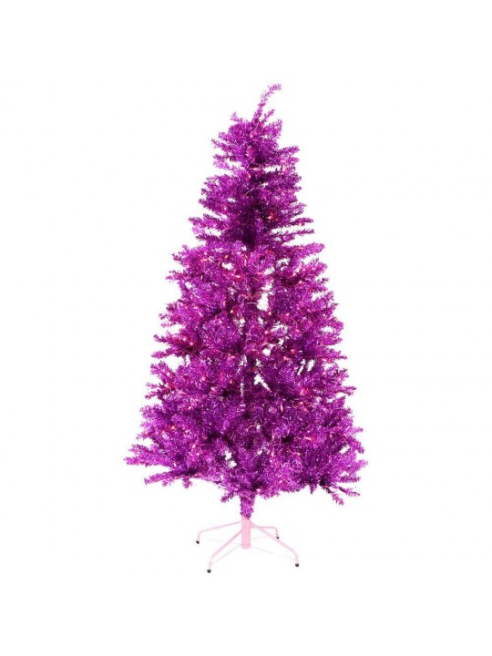 7 ft. LED Festive Pink Tinsel Christmas Tree with Clear Lighting