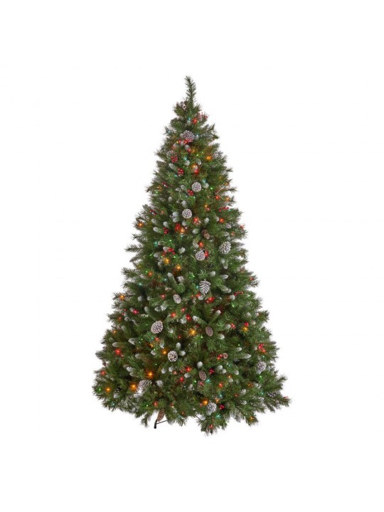 7.5 ft. Pre-Lit Mixed Spruce Hinged Artificial Christmas Tree with Multi-Colored Lights, Berries and Frosted Pinecones