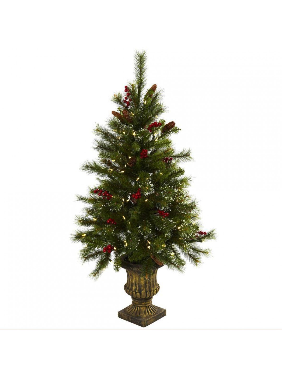 4 ft. Artificial Christmas Tree with Berries, Pine Cones, LED Lights and Decorative Urn
