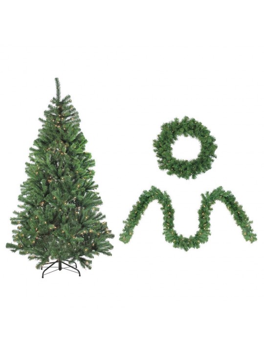 4-Piece Artificial Winter Spruce Christmas Tree Wreath and Garland Set with Clear Lights
