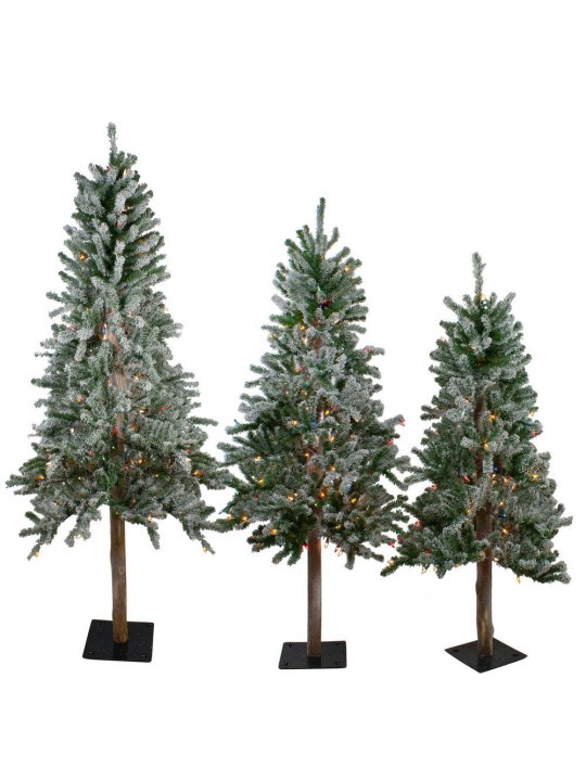 4 ft., 5 ft. and 6 ft. Pre-Lit Flocked Alpine Artificial Christmas Trees - Multi-Lights (Set of 3)