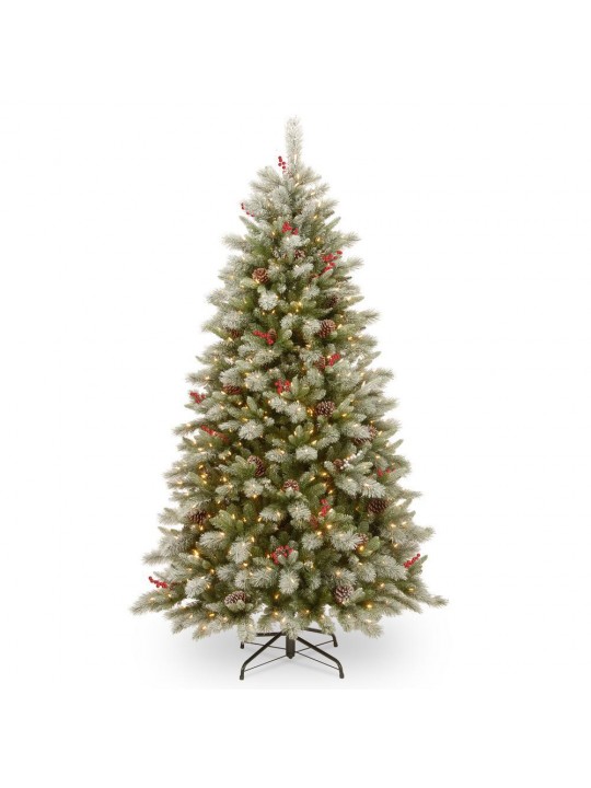 7-1/2 ft. Feel Real Snowy Bristle Berry Hinged Tree with Red Berries, Mixed Cones and 700 Dual Color LED Lights and Pow