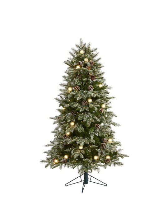 5 ft. Pre-lit Flocked Whistler Mountain Fir Artificial Christmas Tree with 250 Warm White LED Lights, 28 Globe Bulbs