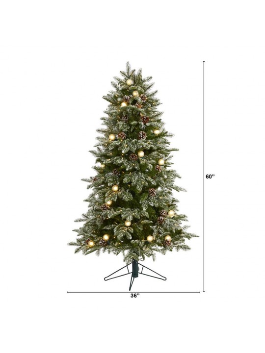 5 ft. Pre-lit Flocked Whistler Mountain Fir Artificial Christmas Tree with 250 Warm White LED Lights, 28 Globe Bulbs