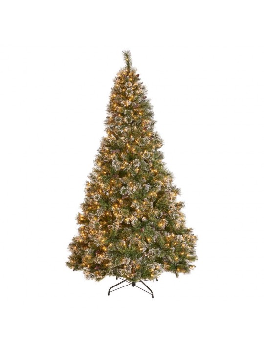9 ft. Pre-Lit Mixed Spruce Hinged Artificial Christmas Tree with Clear Lights, Snow Branches and Pinecones