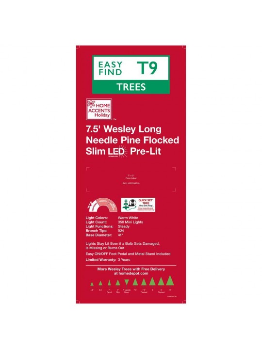 7.5 ft  Wesley Long Needle Pine Flocked Slim LED Pre-Lit Tree with 350 SureBright Warm White Lights