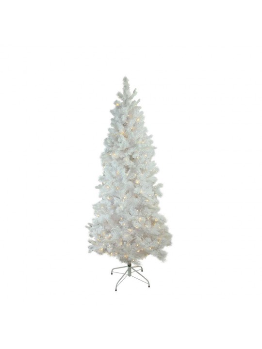 6.5 ft. x 39 in. Pre-Lit Flocked White Pine Slim Artificial Christmas Tree Warm White LED Lights
